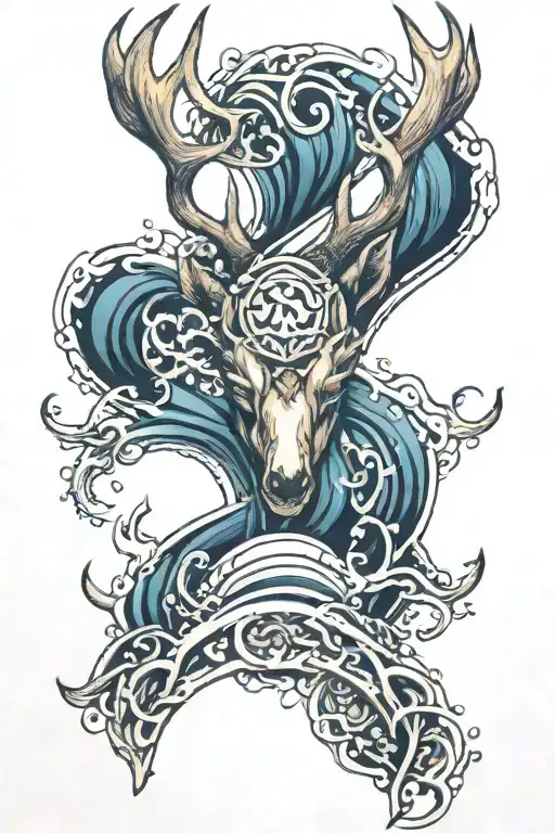 Deer Antlers Intertwined With Ocean Waves And Paw Prints