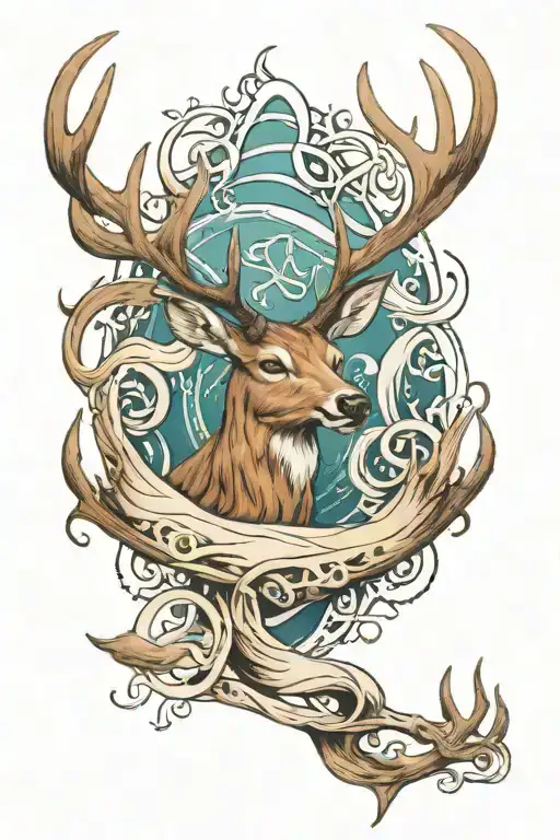 Deer Antlers Intertwined With Ocean Waves And Paw Prints