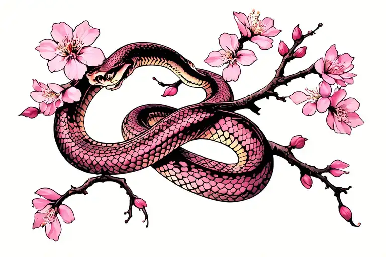 Sakura Branch With Snake Wrapping Around It