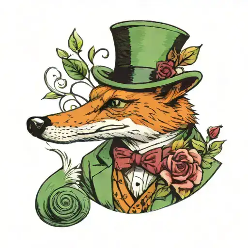 Color Sly Gentleman Fox Upper Body In Green Tweed Suit Top Hat Monocle With Roses Background