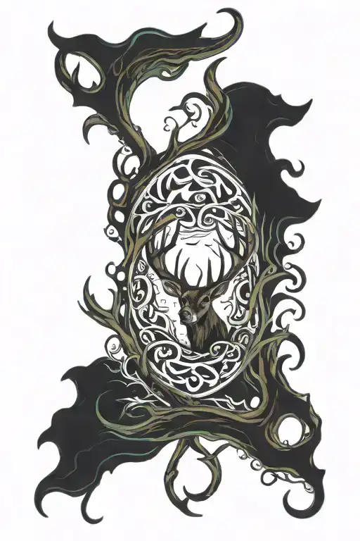 Deer Antlers Intertwined With Ocean Waves And Paw Prints