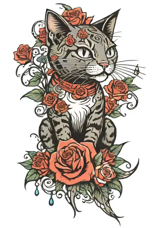Crazy Cat Drown With Roses New School