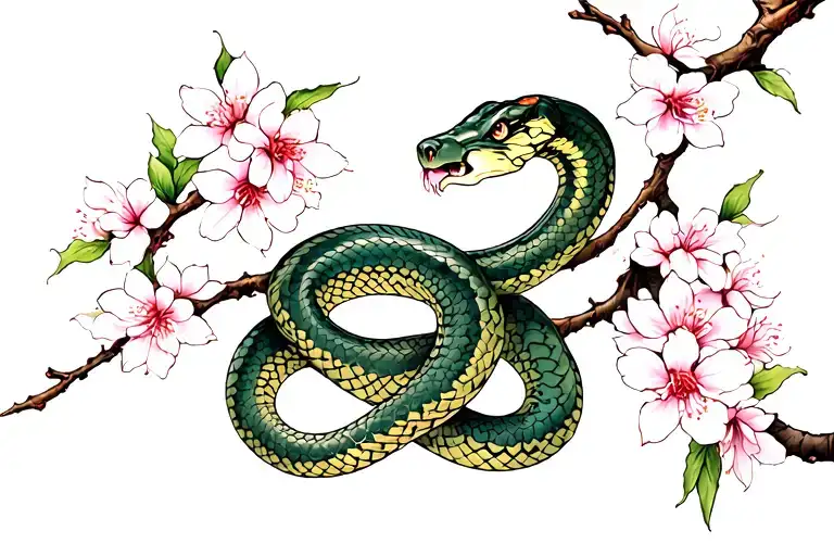 Sakura Branch With Snake Wrapping Around It