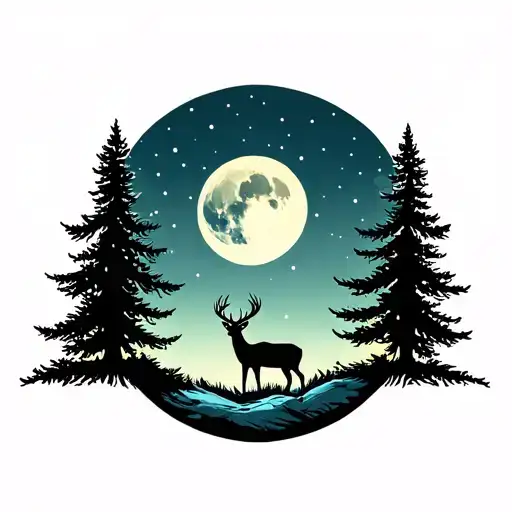 Pine Trees With Moon And Deer Standing