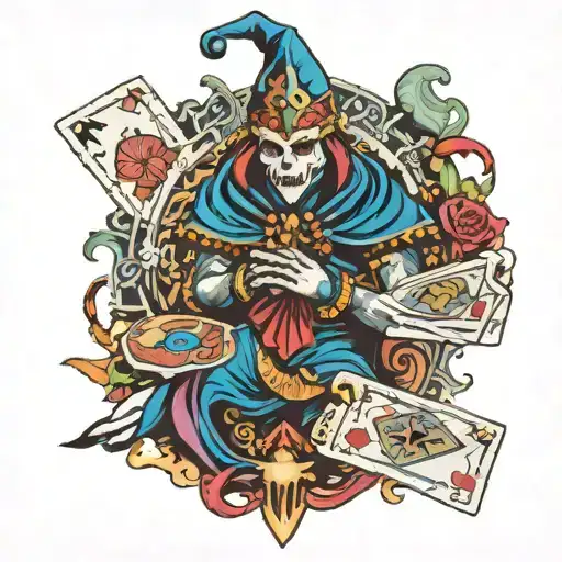 Jester Holding A Karma Tarrot Card Surrounded By Gaming Symbols