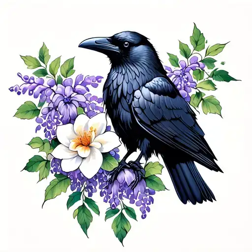 Raven With Gardenia And Wisteria Flowers