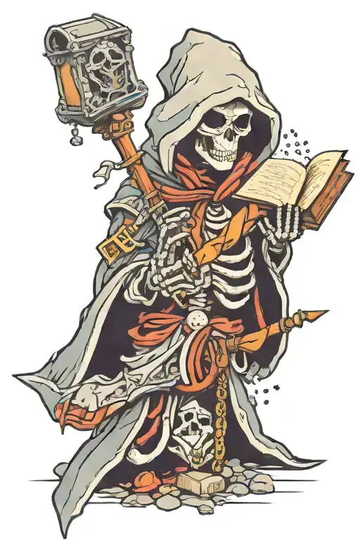 Robed Skeleton With A Hood Holding A Book In One Hand And Floating Dnd Dice In The Other