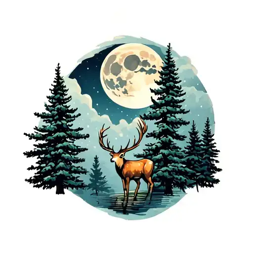 Pine Trees With Moon And Deer Standing