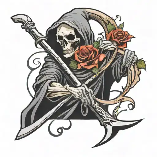 Grim Reaper With Roses Behind It With Its Scythe Over His Head