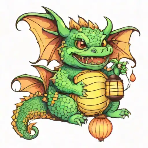 Cute Happy Chubby Baby Dragon With Japanese Lantern Color