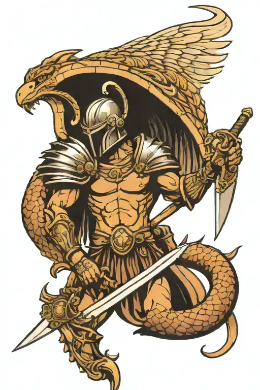 Arch Angel Micheal With Helmet And Shield Holding A Sword Killing A Snake