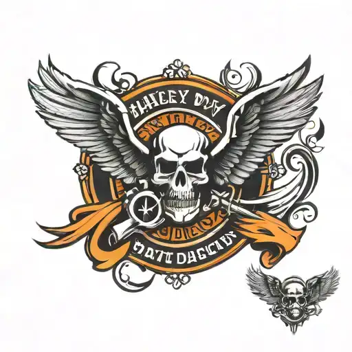 Harley Davidson Logo On Forearm With Angel Wings And A Skull In Black And Orange