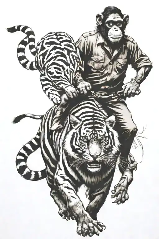 Chimpanze Riding On A Bengal Tiger