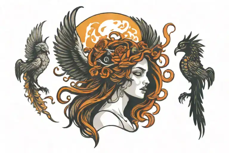 Medusa Persephone And A Phoenix Rising From The Ashes