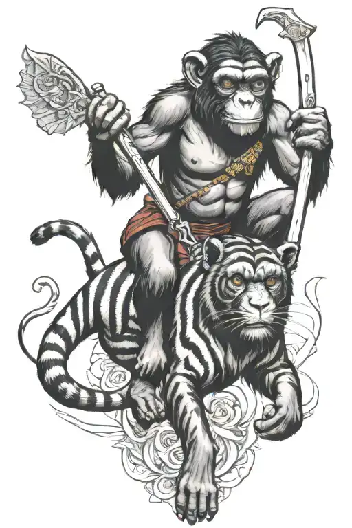 Chimpanze Riding On A Bengal Tiger Holding A Cross Shaped Knife