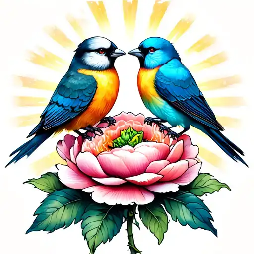 2 Love Birds United On A Peony Flower With Beautiful Heaven Light Rays Shinining Down On Them
