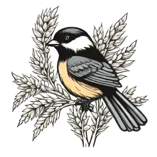 Chickadee Carrying Wheat Stalk With Cancer Ribbon Wrapped