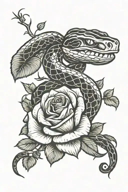 Two Snakes Wrapped Around A Rose Facing Upward