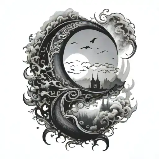 Crescent Moon In Fog Black And White