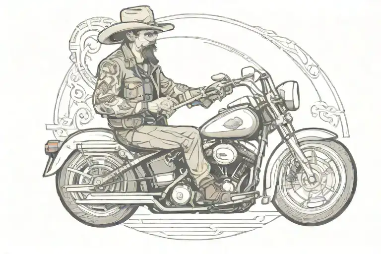 A Man Holding A Wrench Riding A Harley Davidson Wearing A Cowboy Hat With No Beard
