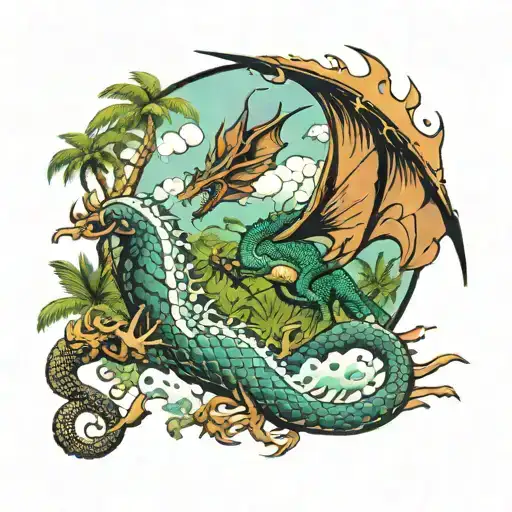 Dragon Flying Over A Tropical Natural Landscape With Animals In Their Habitats