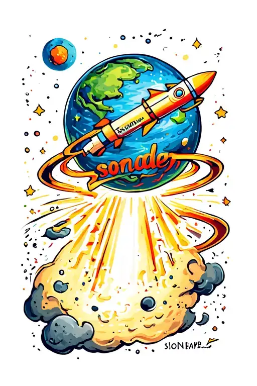 A Floating Planet With The Word 'Sonder' As The Ring With A Rocket Shooting To The Moon Next To It