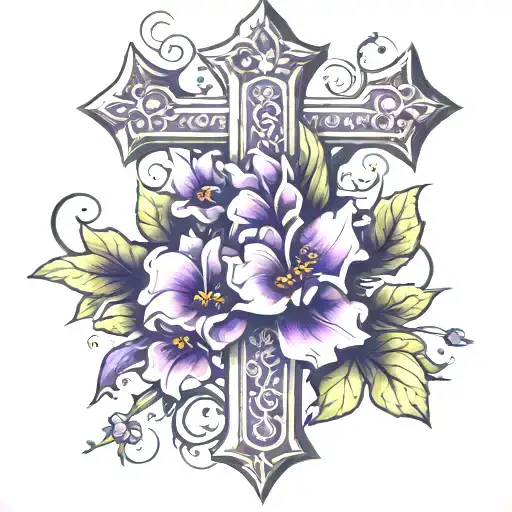 Big 3D Cross With Violet Flowers Around It