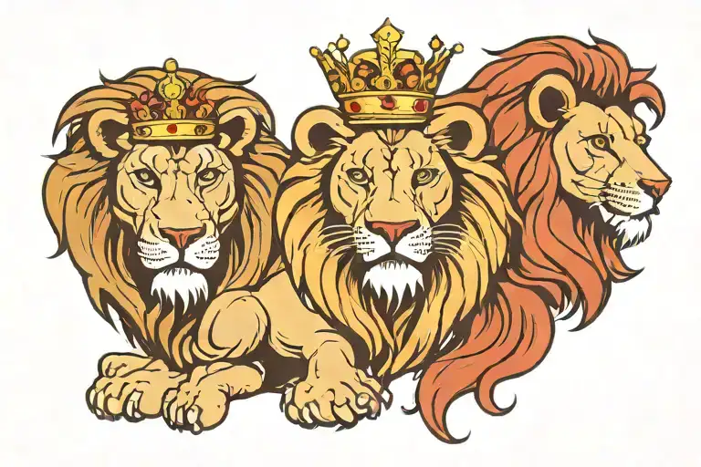 King Lion With Two Queen Lions On Each Side Head