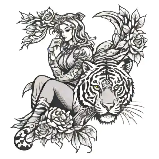 Virgo With Tiger Tattoo Design