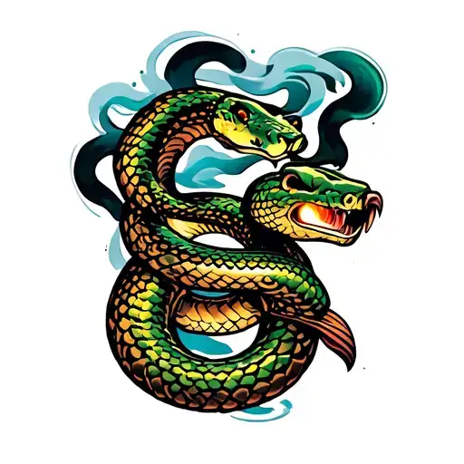 Tattoo On The Shoulder With A Snake Smoke And Japanese Flashlights