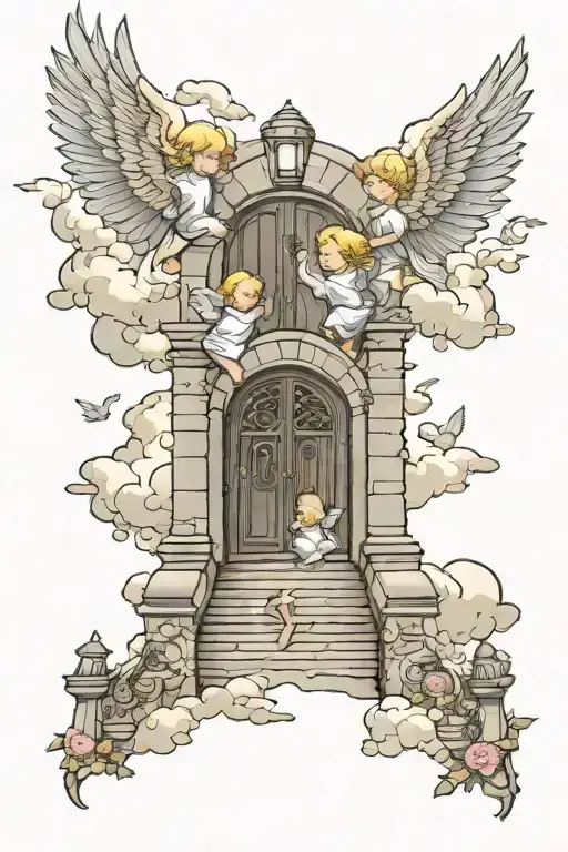 Stairway To Heaven Gates With 2 Baby Angels Flying