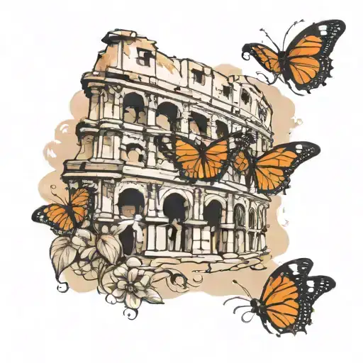A Detailed And Realistic Tattoo Of The Colosseum Flown Over By A Small Orange And Black Butterfly
