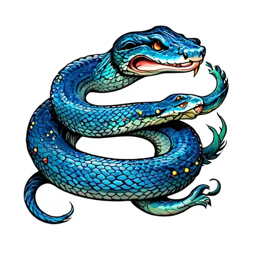 Tattoo On The Shoulder With A Blue Snake Decorated With Small Colors