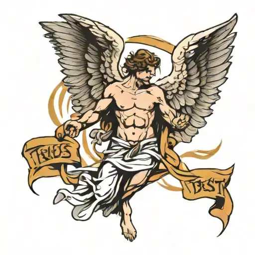 Topless Male Angel Fighting With Banner 'Trust Yourself'