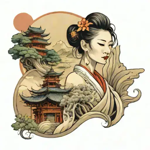 Chinese Woman In Landscape With Temple