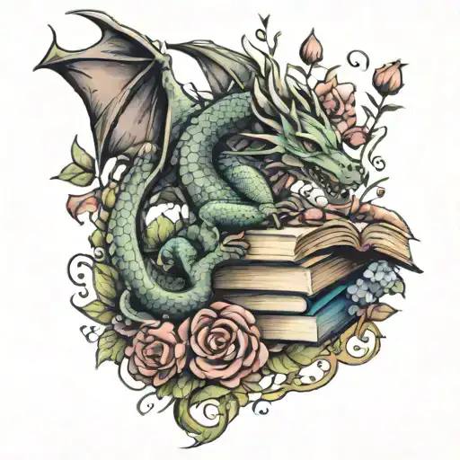 Dragon And Books Surrounded By Florals