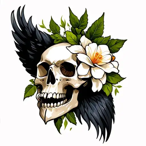 Raven Skull With Gardenias And Greenery