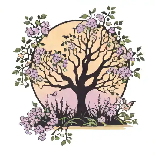 Willow Tree Silhouette Surrounded By Ivy And Lilac Flower Field