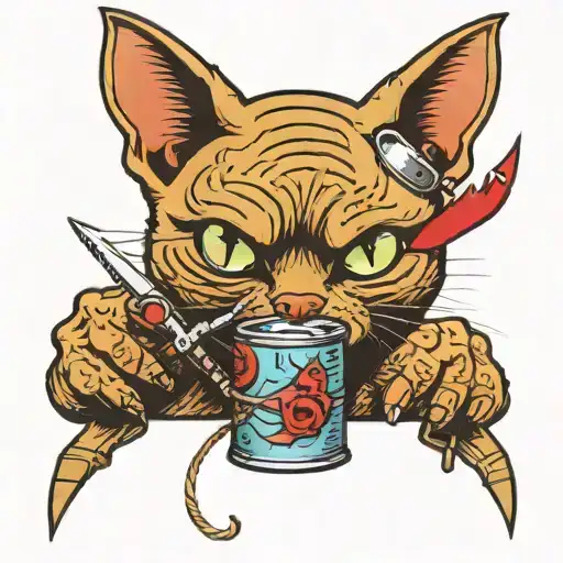 Cat With A Knife In Its Mouth And A Can On A String In Its Paw