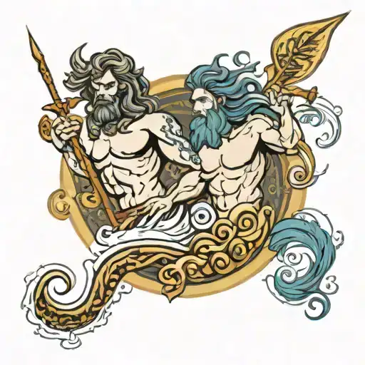 Aquarius With Poseidon Holding The Trident With Ocean Waves