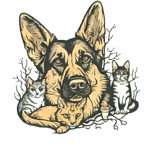 German Shepherd And Cats In The Woods