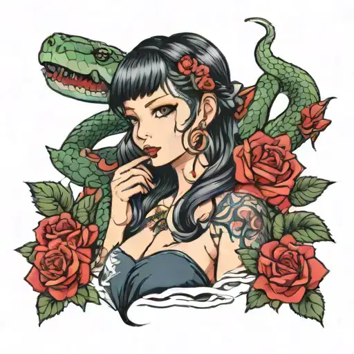 Anime Girl With Snake And Roses Colored