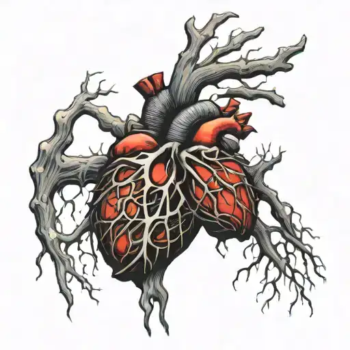 Realistick Human Heart Surround With Rotten Broken Dark Horror Ribs Cage