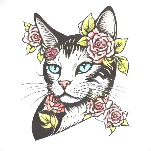 Cat With Third Eyes With Open Mouth And Flowers