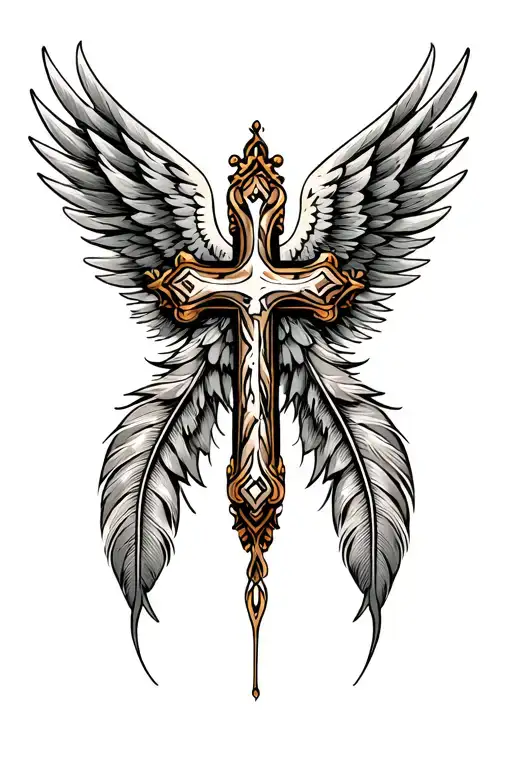 Cross And Feather Wings Flying