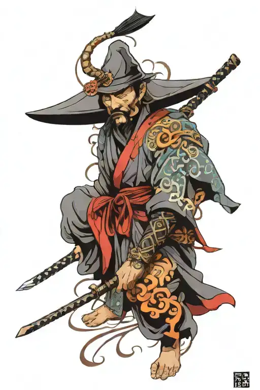 Ronin With Flowing Robes And Hat Surrounded