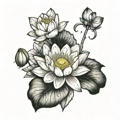 1 Water Lilly Flower And Surrounded By Violets With Hollyhocks