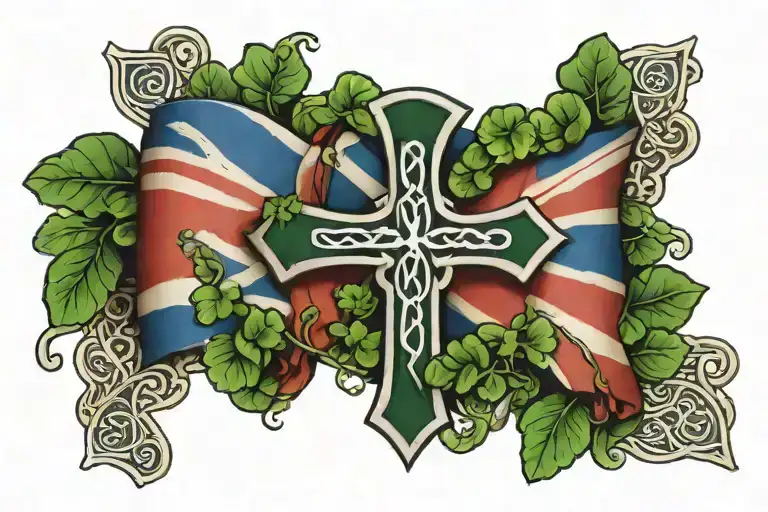 British Flag With Celtic Cross In The Middle Surrounded By Clovers