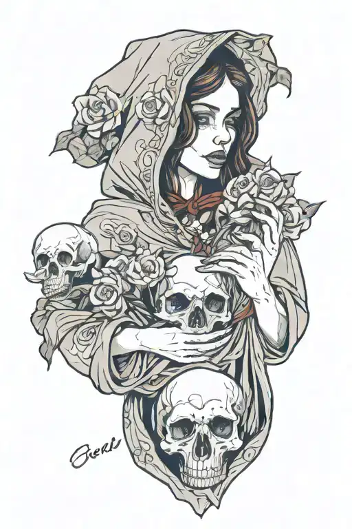 Beautiful Women In Cloak Holding A Skull