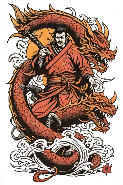 Samurai And Dragon And Sun